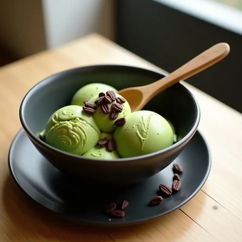 Helado de matcha y Leche de Almendras con Toppings Crujientes de Cacao Nibs