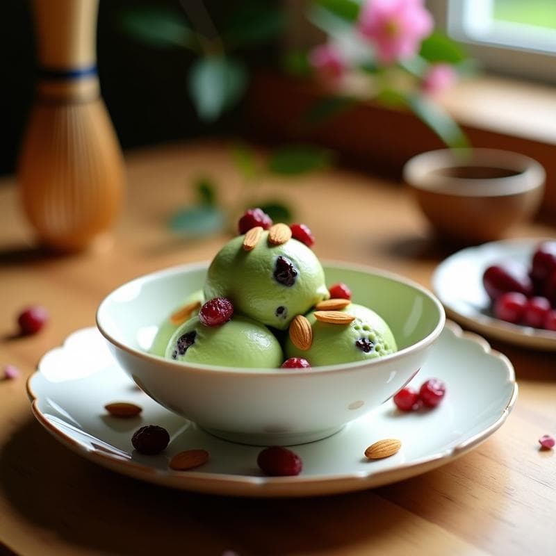 Helado de Matcha y Cereza con Virutas de Almendra: Postre Japonés Keto Sin Azúcar