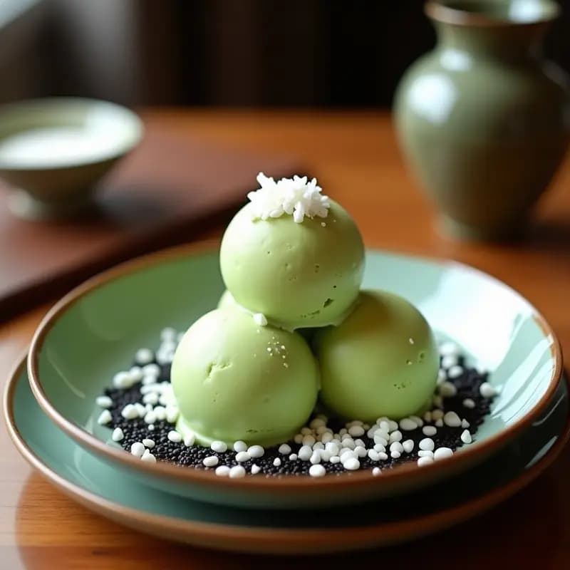 Helado de Té Matcha con Virutas de Coco y Topping de Sésamo Negro
