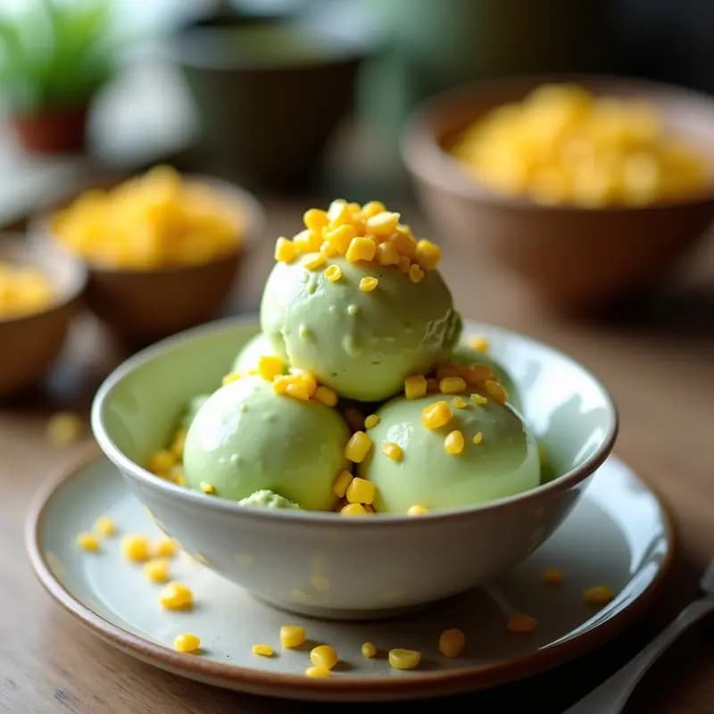Helado de Matcha y Elote con Topping de Maíz Tostado: Postre Japonés-Mexicano Sin Lácteos