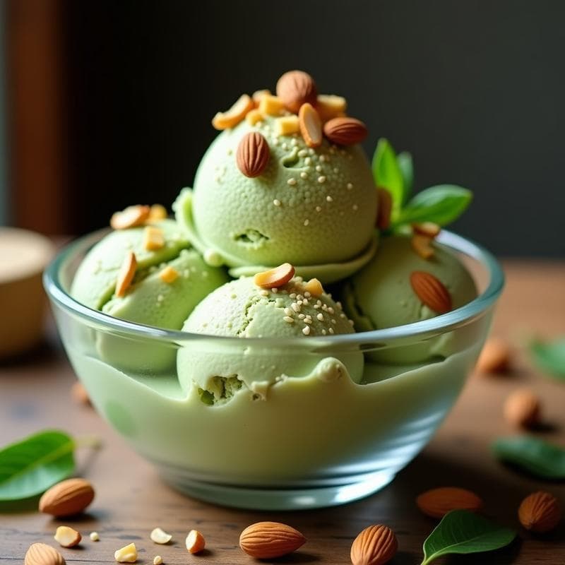 Helado de Matcha y Leche de Almendras con Toppings de Frutos Secos: Postre Vegano Sin Lácteos
