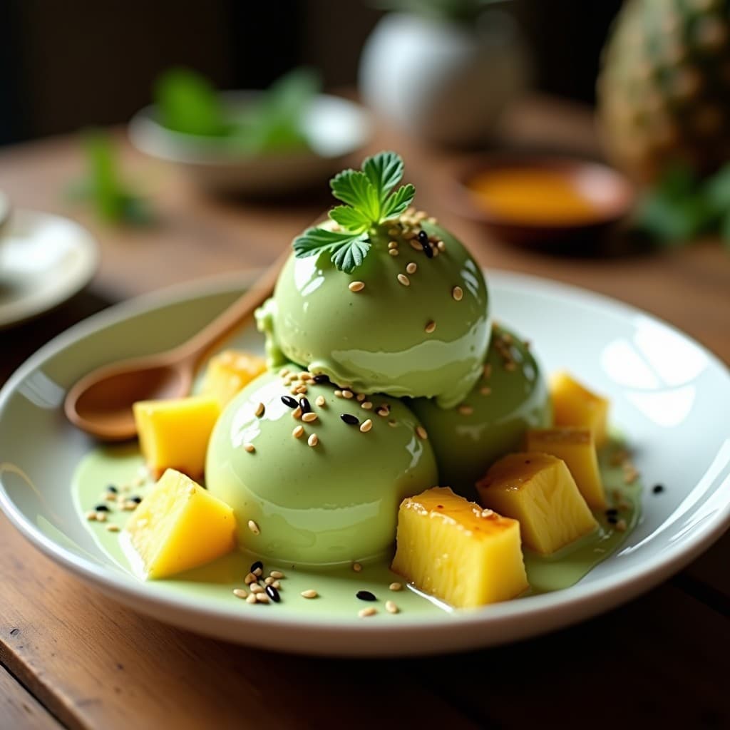 Helado de Matcha y Leche de Tigre con Trozos de Piña: Postre Fusion Japonés-Peruano Sin Lácteos