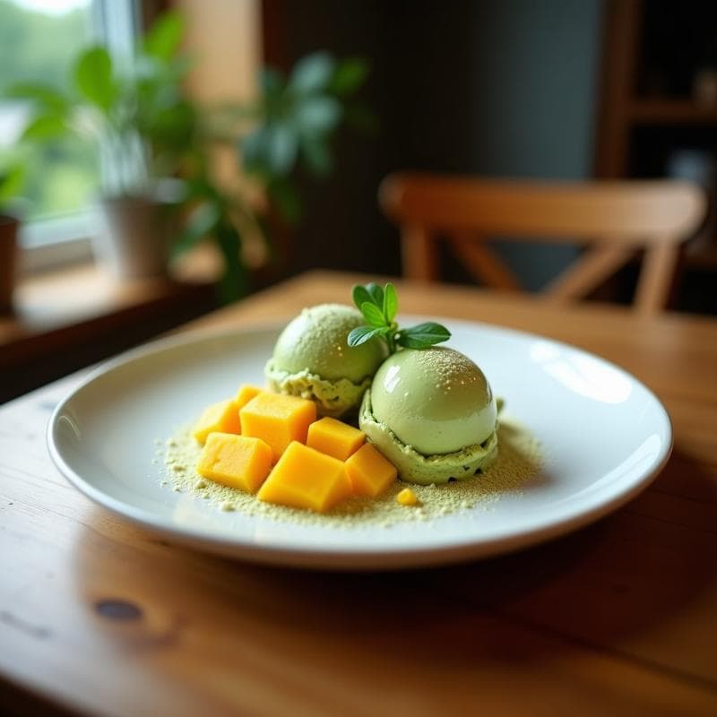 Helado de matcha y mango con trozos de coco: Postre vegano sin lácteos ni azúcar añadido