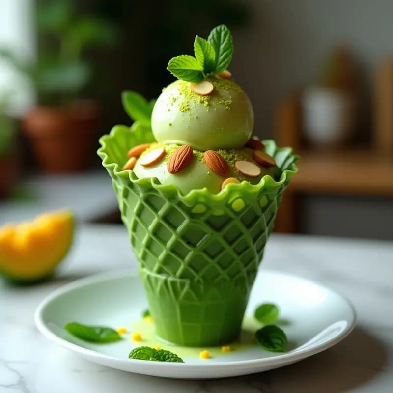 Helado de Matcha y Mango en Cono de Waffle de Espinacas: Postre Verde Vibrante