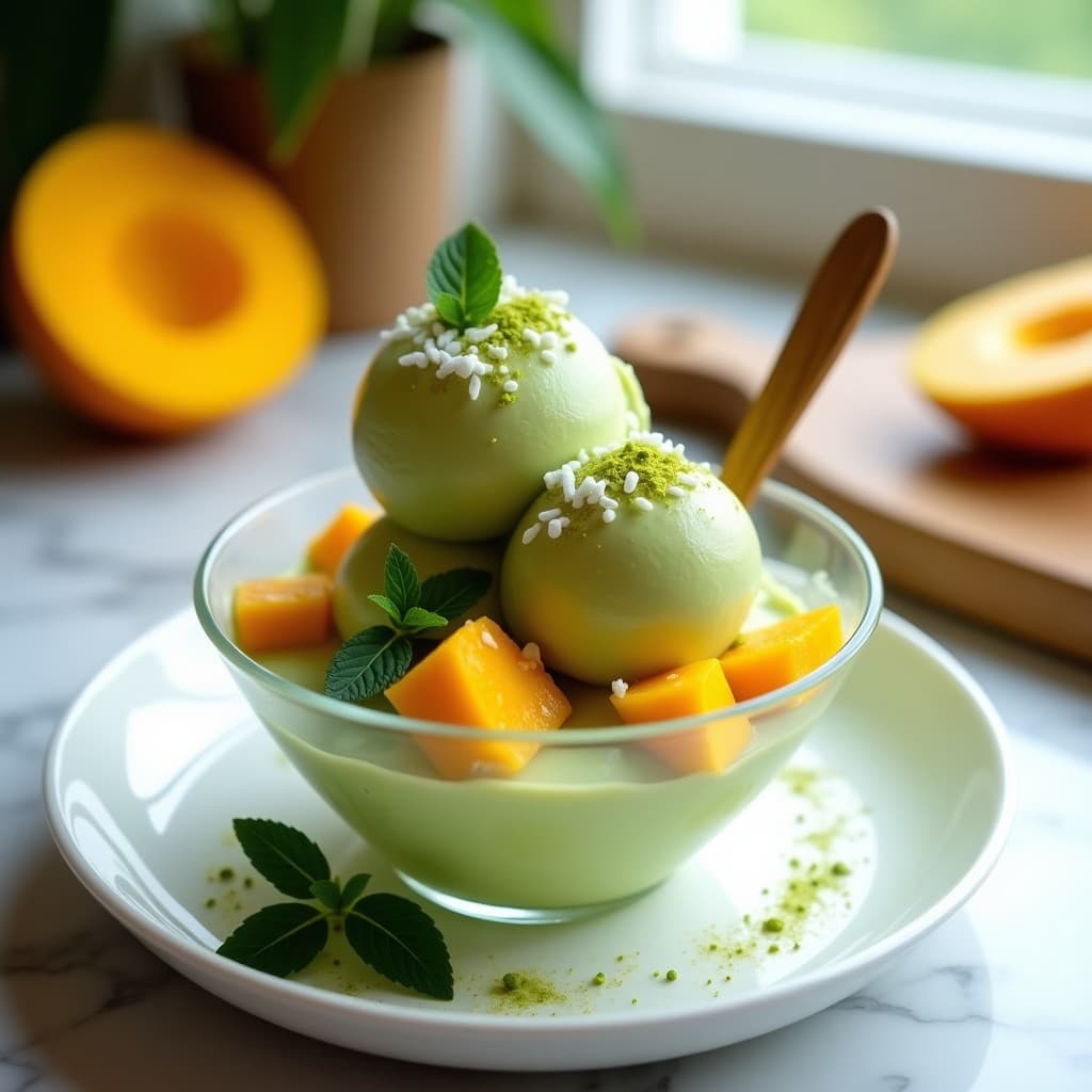 Helado de Mácha y Mango con Trozos de Tofu Sedoso: Postre Vegano y Alto en Proteína
