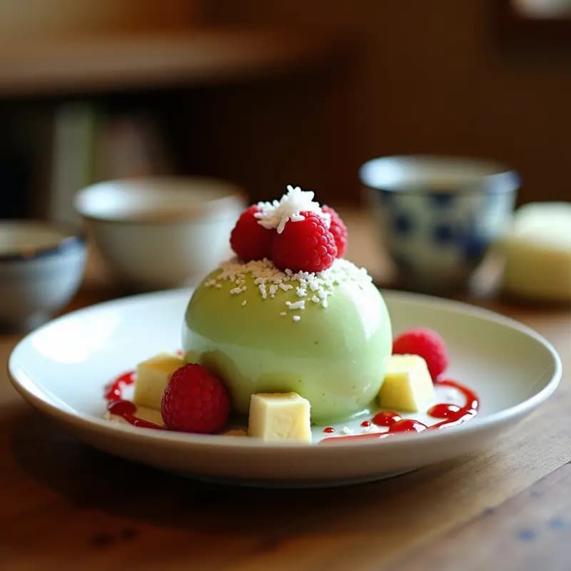 Helado de Matcha con Trozos de Mochi, Salsa de Frambuesa y Virutas de Coco