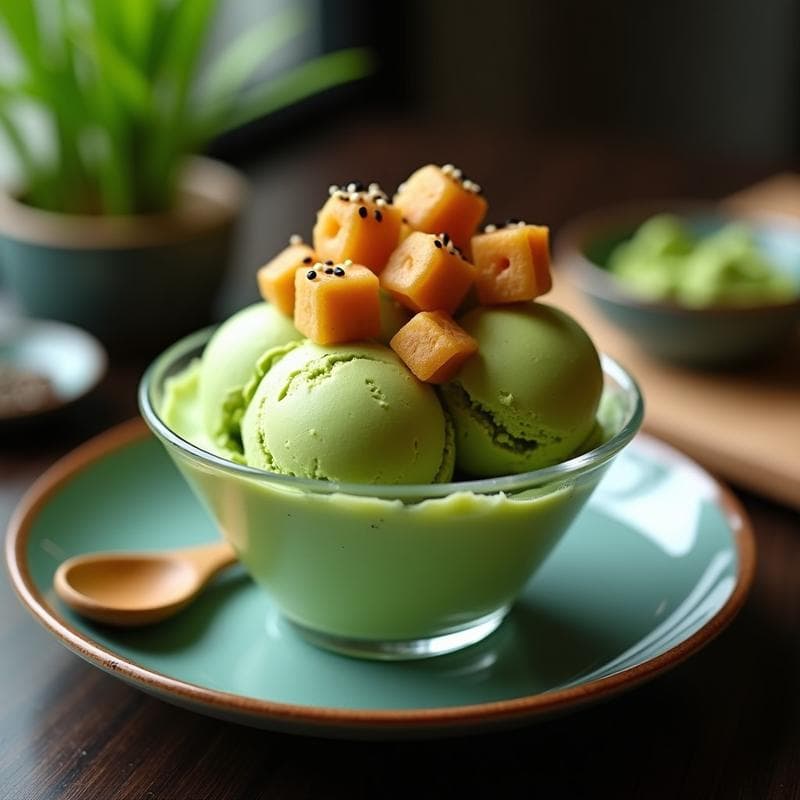 Helado de Té Verde Matcha con Trozos de Mochi: Postre Japonés Sin Azúcar y Sin Lácteos