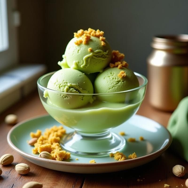 Helado de Matcha y Leche de Pistacho con Trozos de Halva: Postre Iraní-Japonés Sin Lácteos en 4 Ingredientes