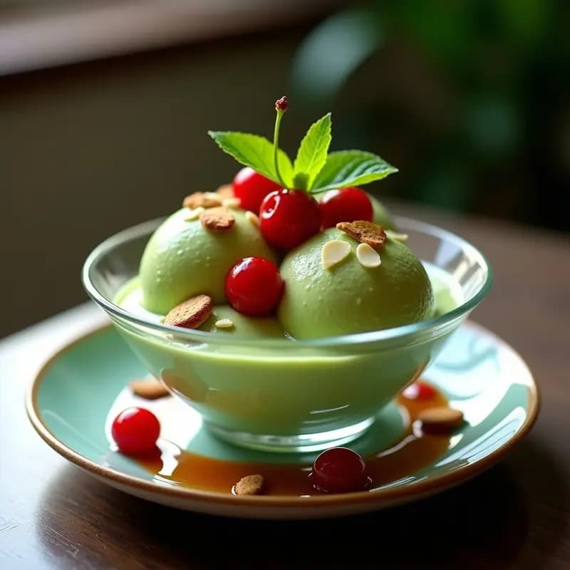 Helado de Matcha y QuesoCrema con Topping de Cerezas Ácidas: Postre Verde Viral