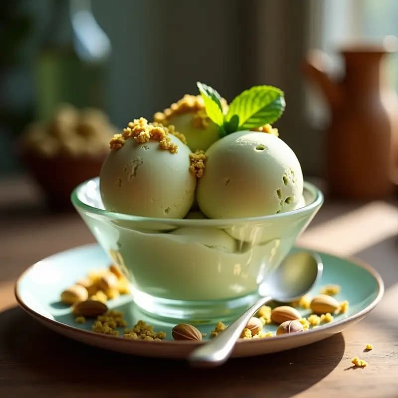 Helado de Matcha y Té Earl Grey con Crujiente de Pistacho: Postre Británico-Japonés Sin Lácteos