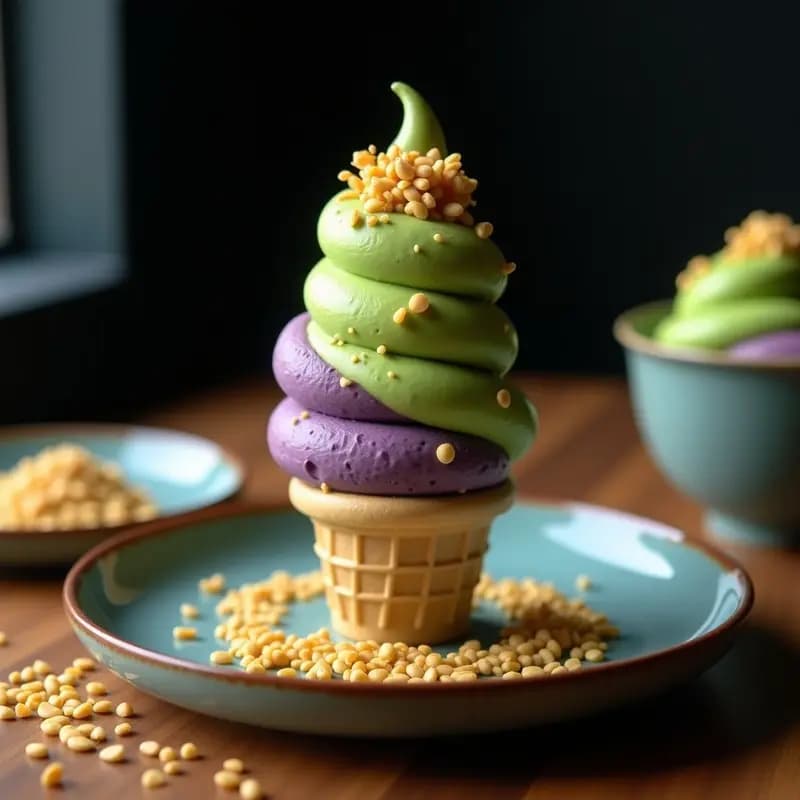 Helado de Matcha y Ube con Crujiente de Sésamo: Postre Japonés-Filipino Vegano y Sin Azúcar