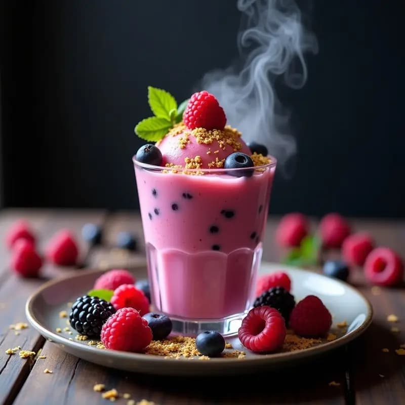 Helado de Nitrógeno de Frutas del Bosque con Polvo de Oro Comestible: Postre Molecular Viral en 2 Minutos