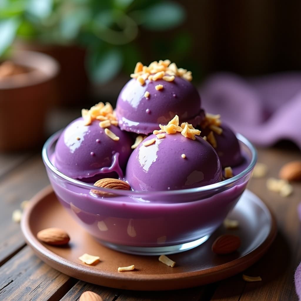 Helado de Patata Morada y Vainilla con Topping de Almendras: Postre Peruano Vegano y Sin Azúcar