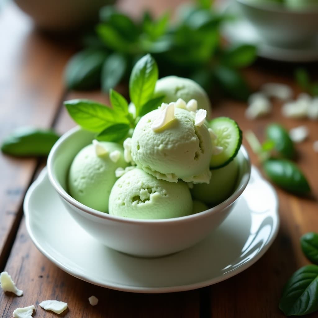 Helado de Pepino y Albahaca con Virutas de Queso de Cabra Vegano: Postre fresco Sin Lactosa