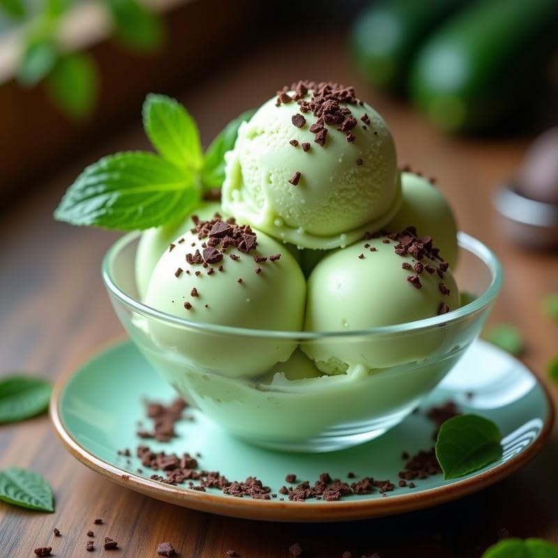 Helado de pepino y menta con virutas de chocolate negro: Postre Sin Lactosa refrescante