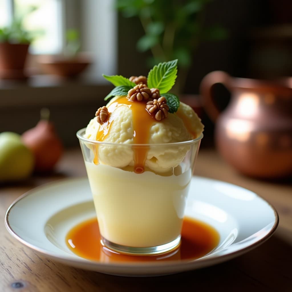 Helado de Pera Asada y Queso Azul con Miel de Trufa: Postre Francés Gourmet en 10 Minutos