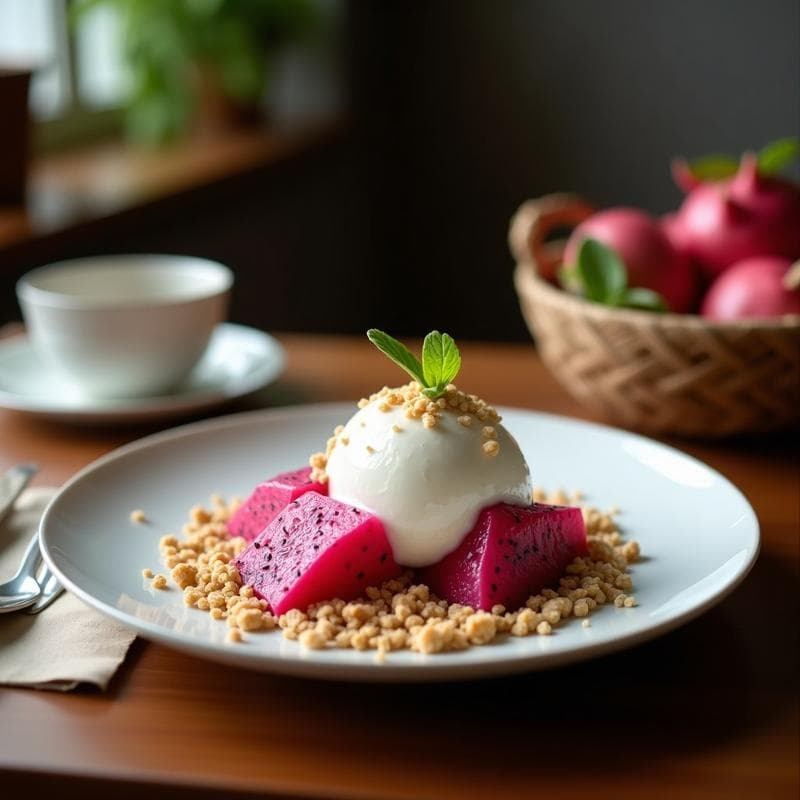 Helado de pitahaya y coco con crujiente de amapola: Postre exótico sin lácteos
