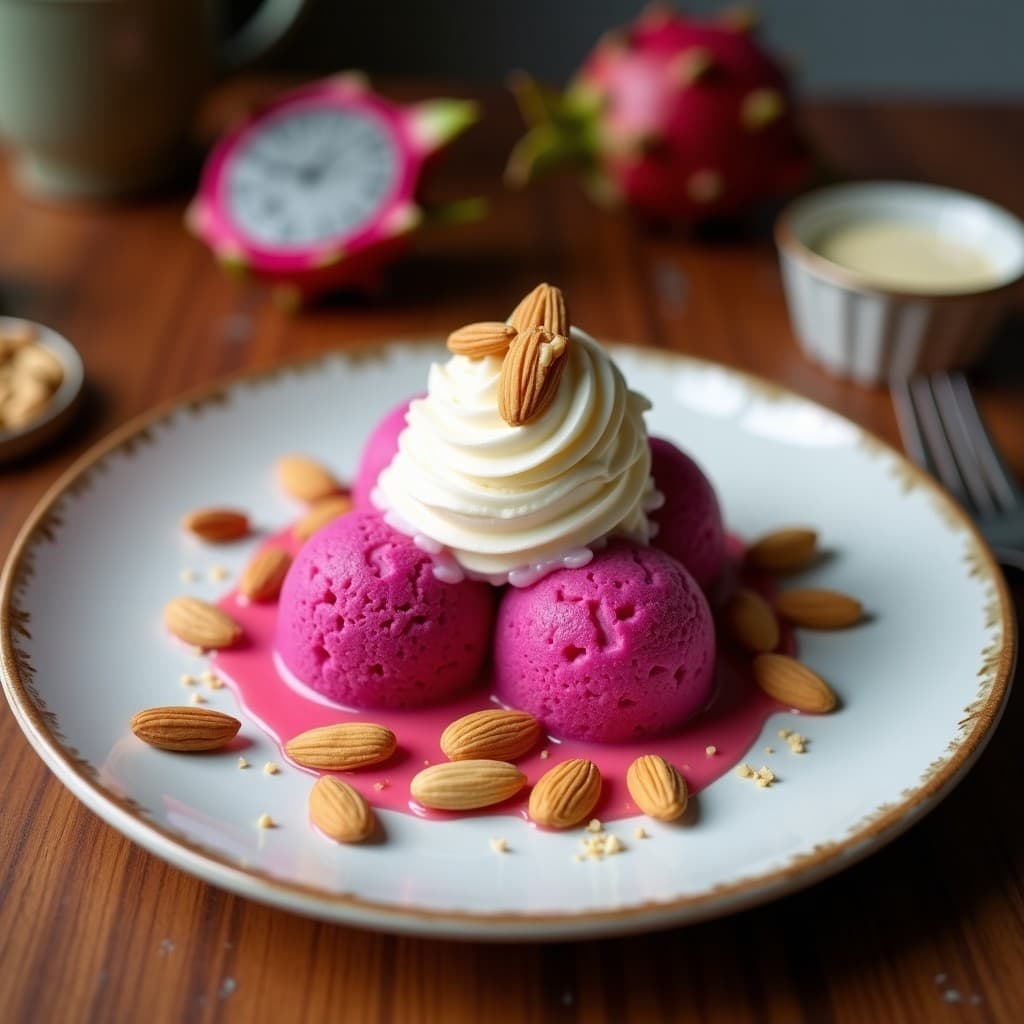 Helado de Pitahaya y Jengibre con Crocante de Almendras: Postre Tailandés Sin Lácteos