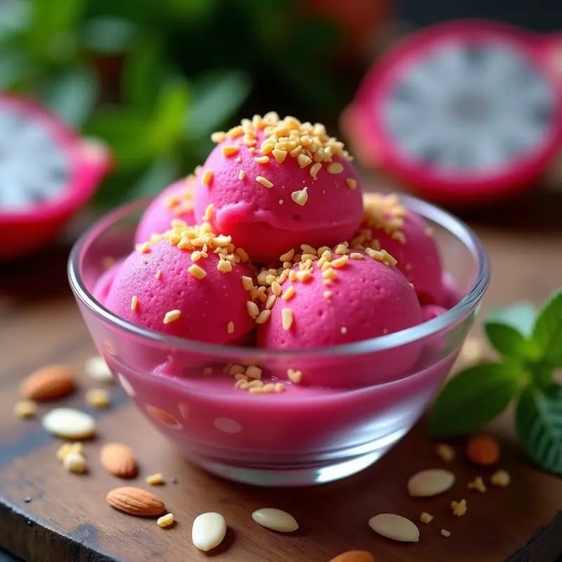 Helado de Pitaya Rosa y Yuzu con Crujiente de Almendra: Postre Sin Lácteos en 3 Ingredientes