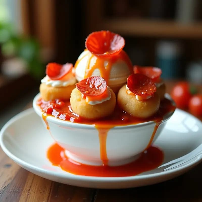 Helado de Pizza de Pepperoni con Salsa de Tomate y Queso Mozzarella: Postre italiano Creativo