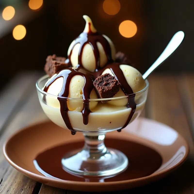 Helado de Queso Crema con Trozos de Brownies y Salsa de Chocolate: Postre para Amantes del Dulce