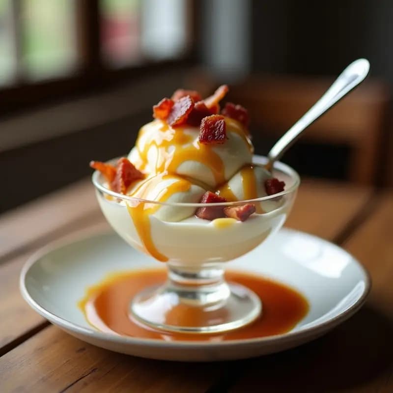 Helado de Queso Crema con Salsa de Caramelo y Trozos de Bacon: Postre Salado-Dulce Innovador