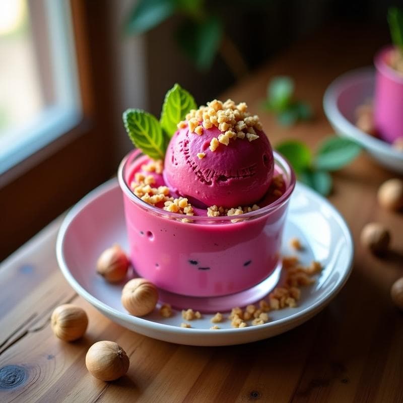 Helado de Remolacha y Cardamomo con Crujiente de Avellanas: Postre Vegano Sin Lácteos