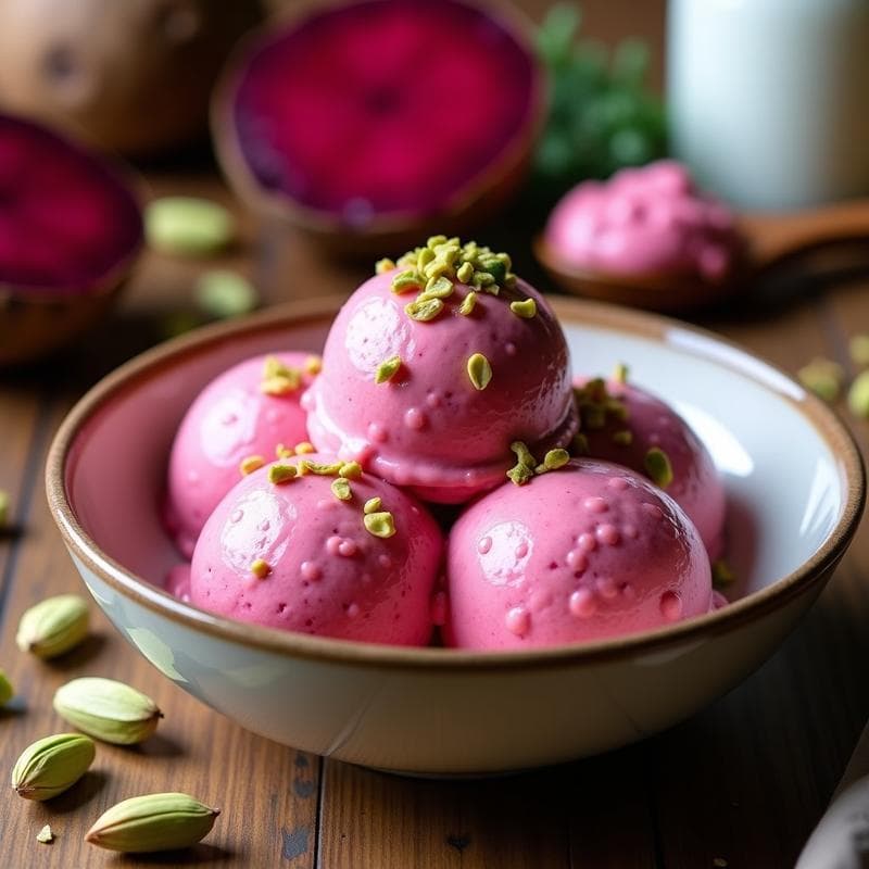 Helado de Remolacha y Cardamomo con Toppings de Pistacho: Postre Vegano Sin Azúcar