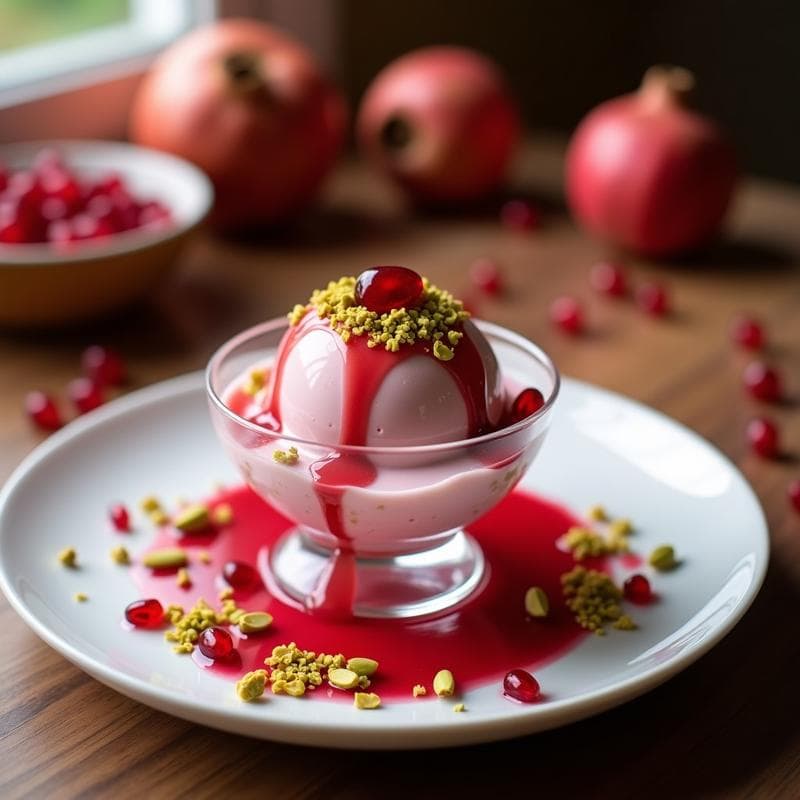 Helado de Rosa y Pistacho con Sirope de Granada: Postre Persa Sin Lácteos