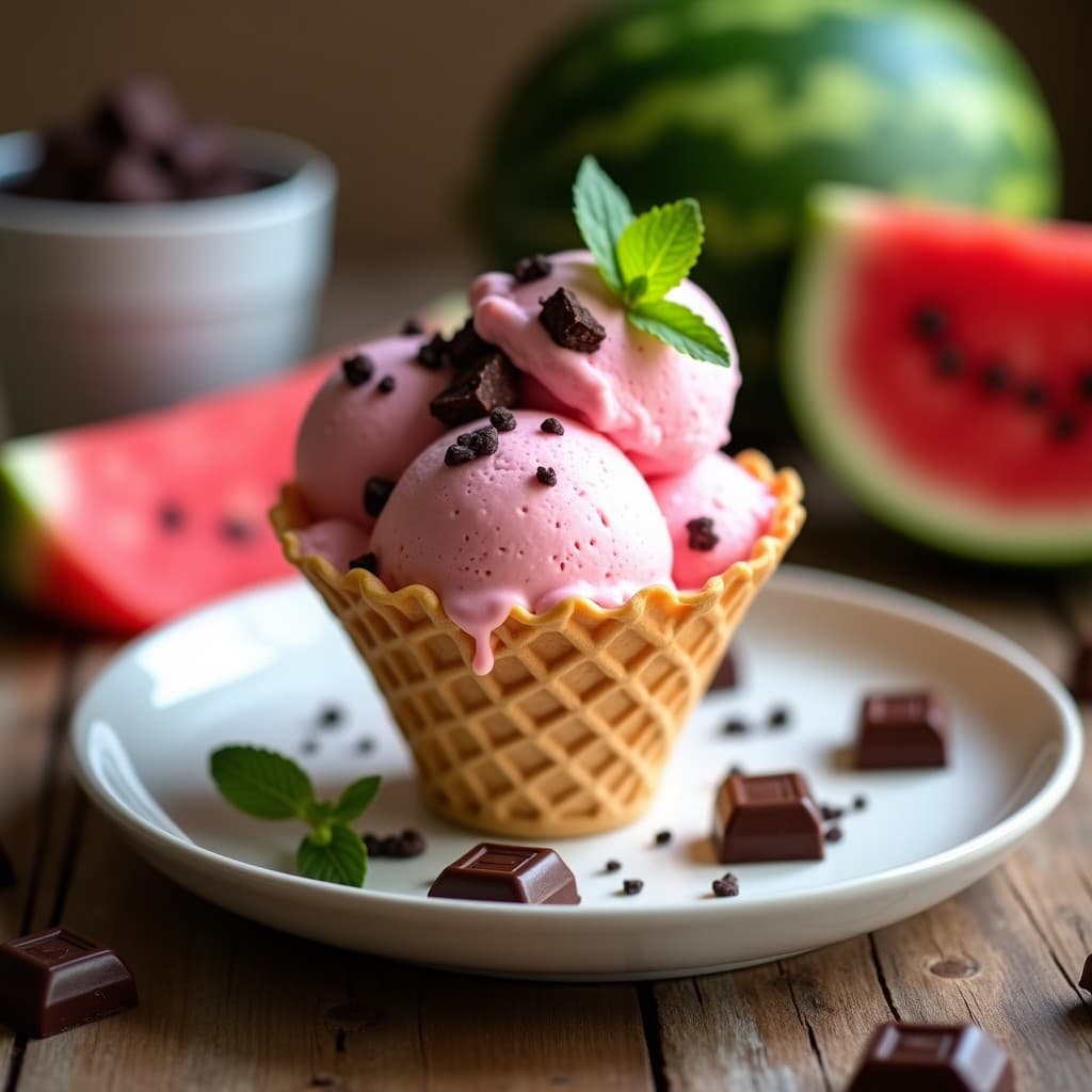 Helado de Sandía y Menta con Trozos de Chocolate 85%: Postre Vegano Sin Lácteos para el Verano