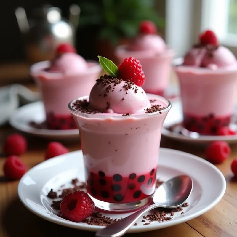 Helado de Té de Burbujas y Frambuesa con Virutas de Chocolate 100%: Postre Taiwánes Sin Lactosa