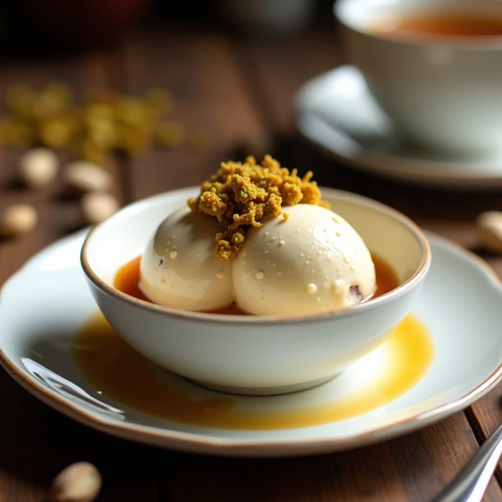 Helado de Té de Ceilán y Cardamomo con Crujiente de Pistacho: Postre Sri Lankés Sin Azúcar