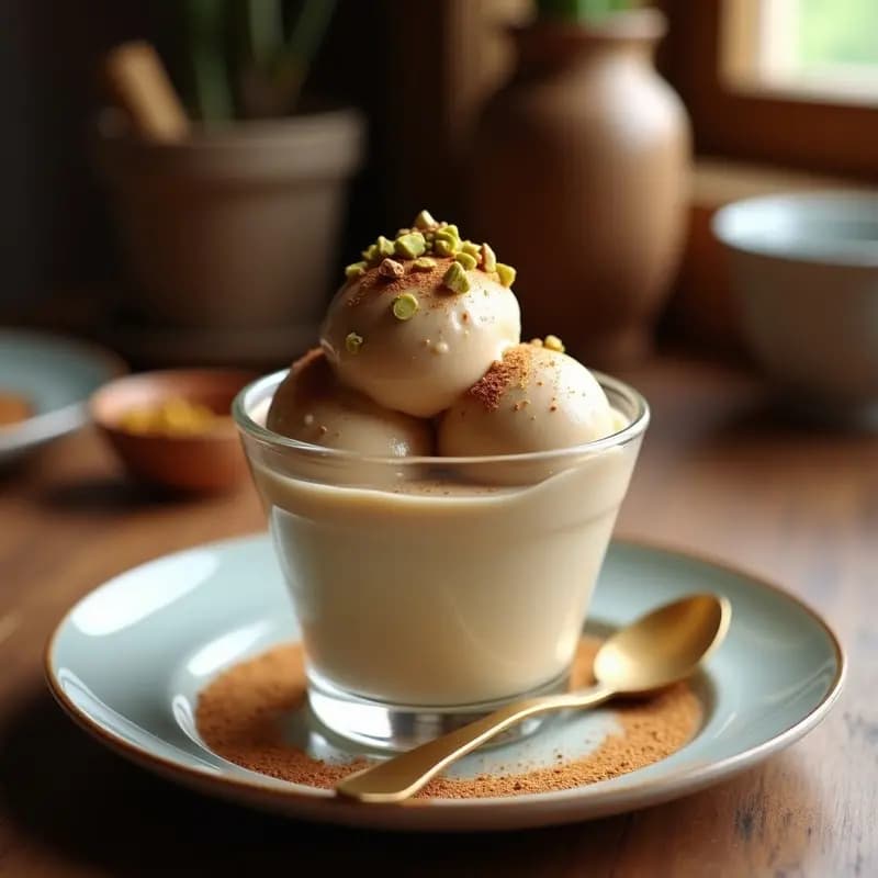 Helado de Té Chai y Algarroba con Crujiente de Pistacho: Postre Sin Lactosa y Alta en Fibra