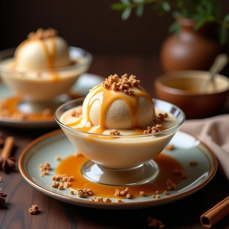 Helado de Té Chai y Caramelo Salado con Crujiente de Almendras: Postre Indio Sin Lácteos