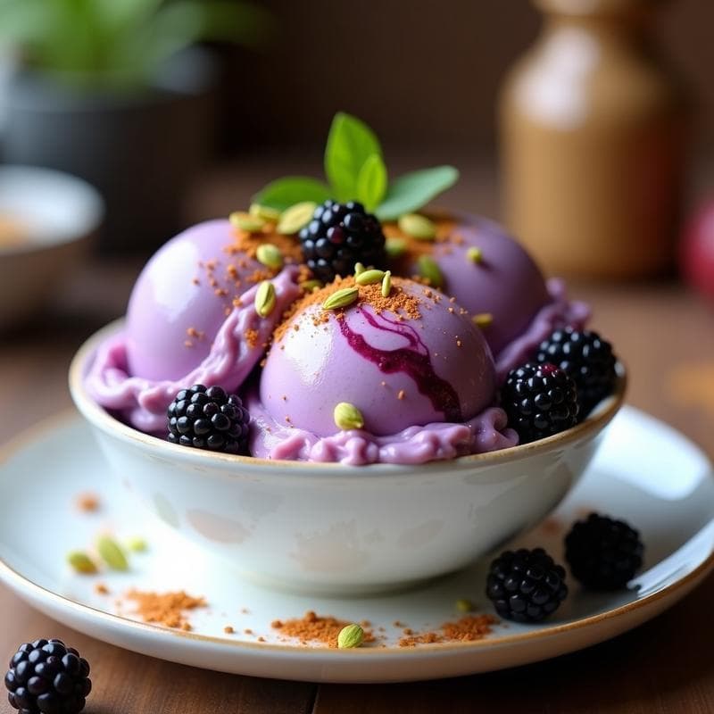 Helado de Té Chai y Zarzamora con Crujiente de Pistacho: Postre Vegano y Antiinflamatorio