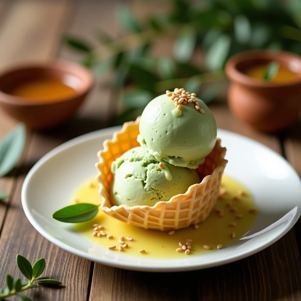Helado de Té de Hojas de Olivo y Miel de Tomillo: Postre Griego Antioxidante y Sin Lácteos