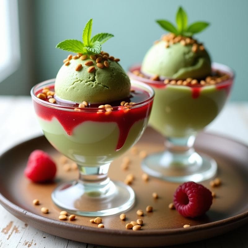 Helado de Té Matcha y Semillas de Chá con Salsa de Frambuesa: Postre Vegano Sin Azúcar