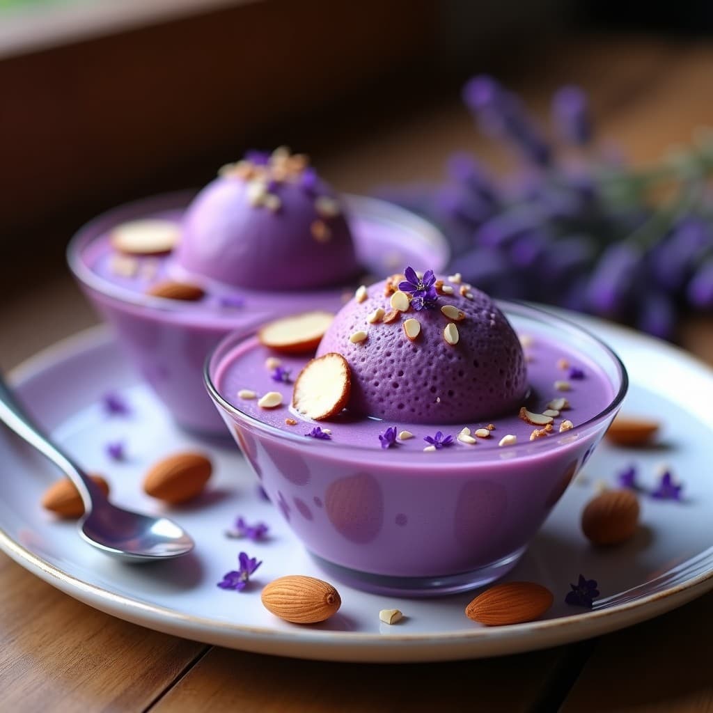 Helado de Té Morado y Lavanda con Trozos de Almendra: Postre Vegano Sin Lácteos