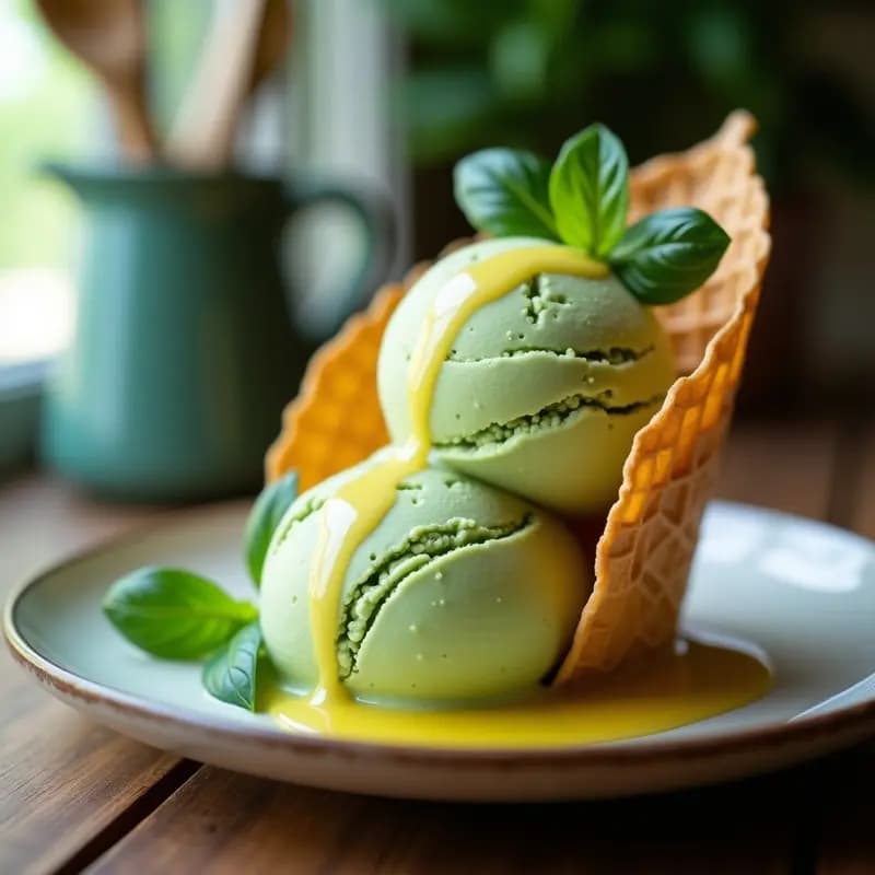 Helado de Té Verde y Albahaca con Sirope de Agave: Postre Italo-Japonés Sin Lácteos
