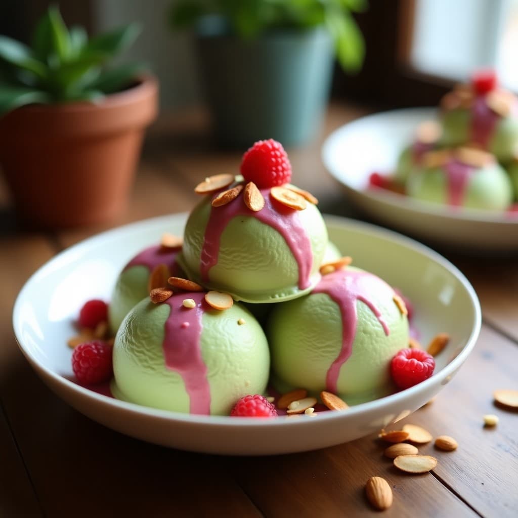 Helado de Té Verde y Almendras con Swirl de Frambuesa: Postre Japonés Sin Azúcar y Crudivegano