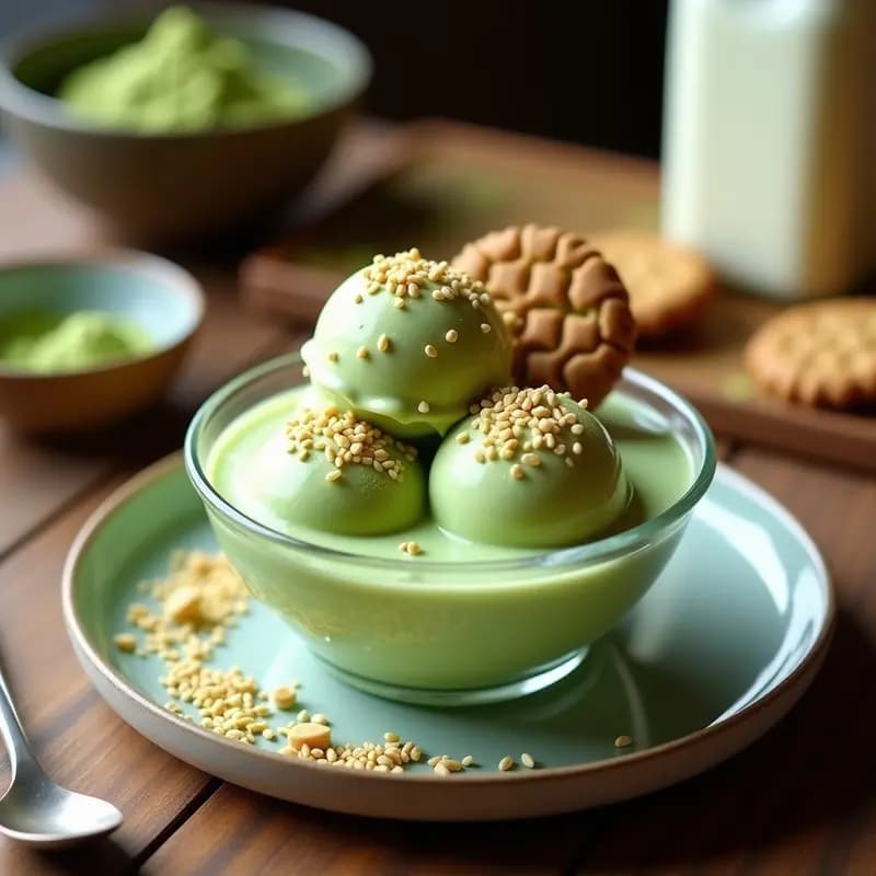 Helado de Té Verde y Leche de Almendras con Galleta de Sésamo: Postre Chino Vegano