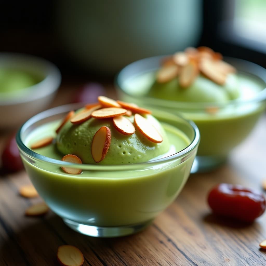 Helado de Té Verde y Almendras con Sirope de Dátiles: Postre Vegano Sin Lácteos en 10 Minutos