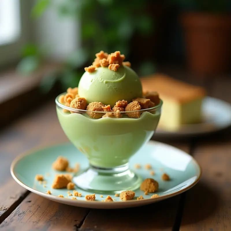 Helado de Té Verde y Bizcocho de Castagna: Postre Italiano Sin Lácteos con Toque Crujiente