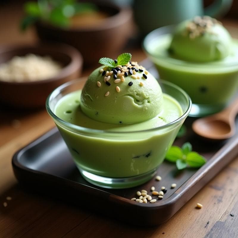 Helado de Té Verde y Ginseng con Crujiente de Semillas de Sésamo: Postre Coreano Antienvejecimiento