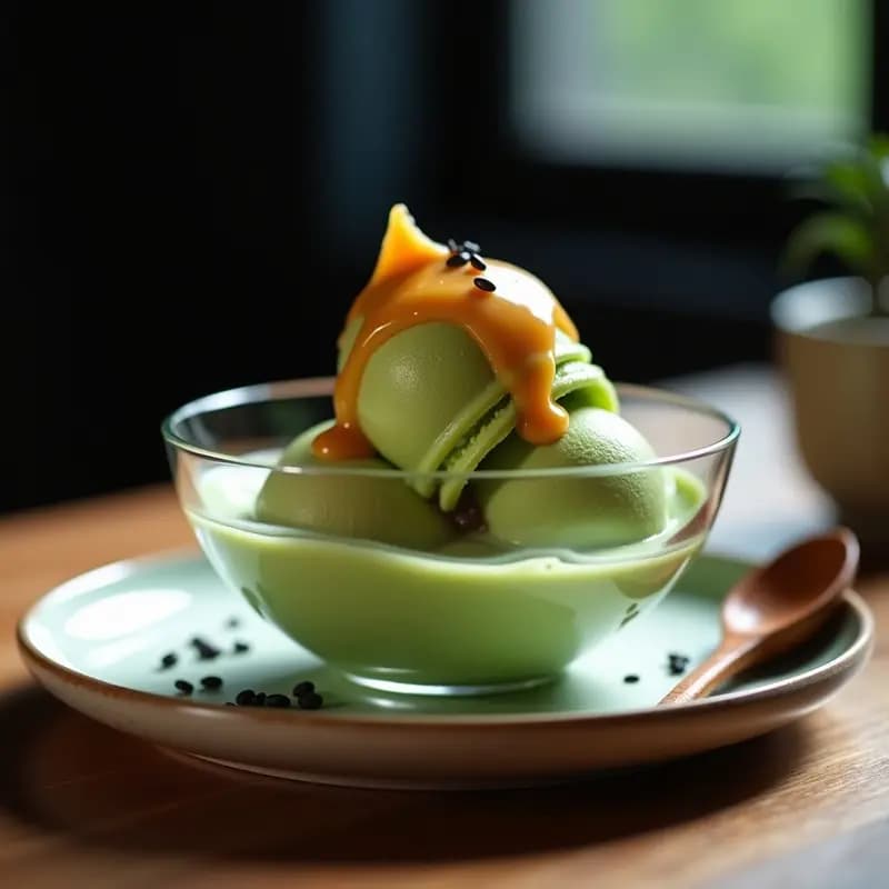 Helado de Té Verde y Jengibre con Salsa de Caramelo de Dátiles: Postre Japonés Sin Lácteos