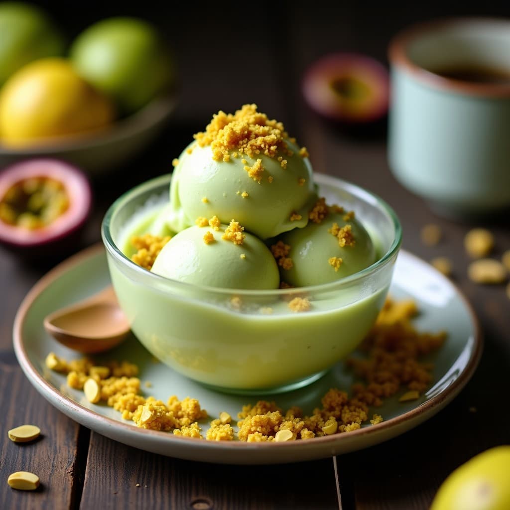 Helado de Té Verde y Maracuyá con Crujiente de Pistacho: Postre Keto y Antioxidante