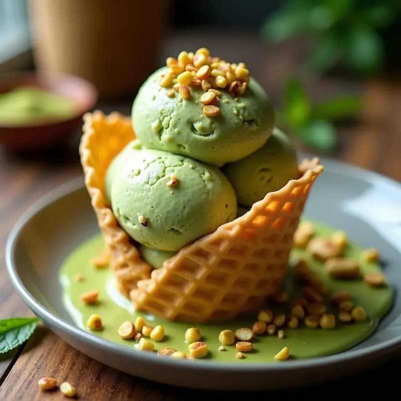 Helado de Té Verde y Pistacho con Crujiente de Sésamo: Postre Persa Sin Azúcar
