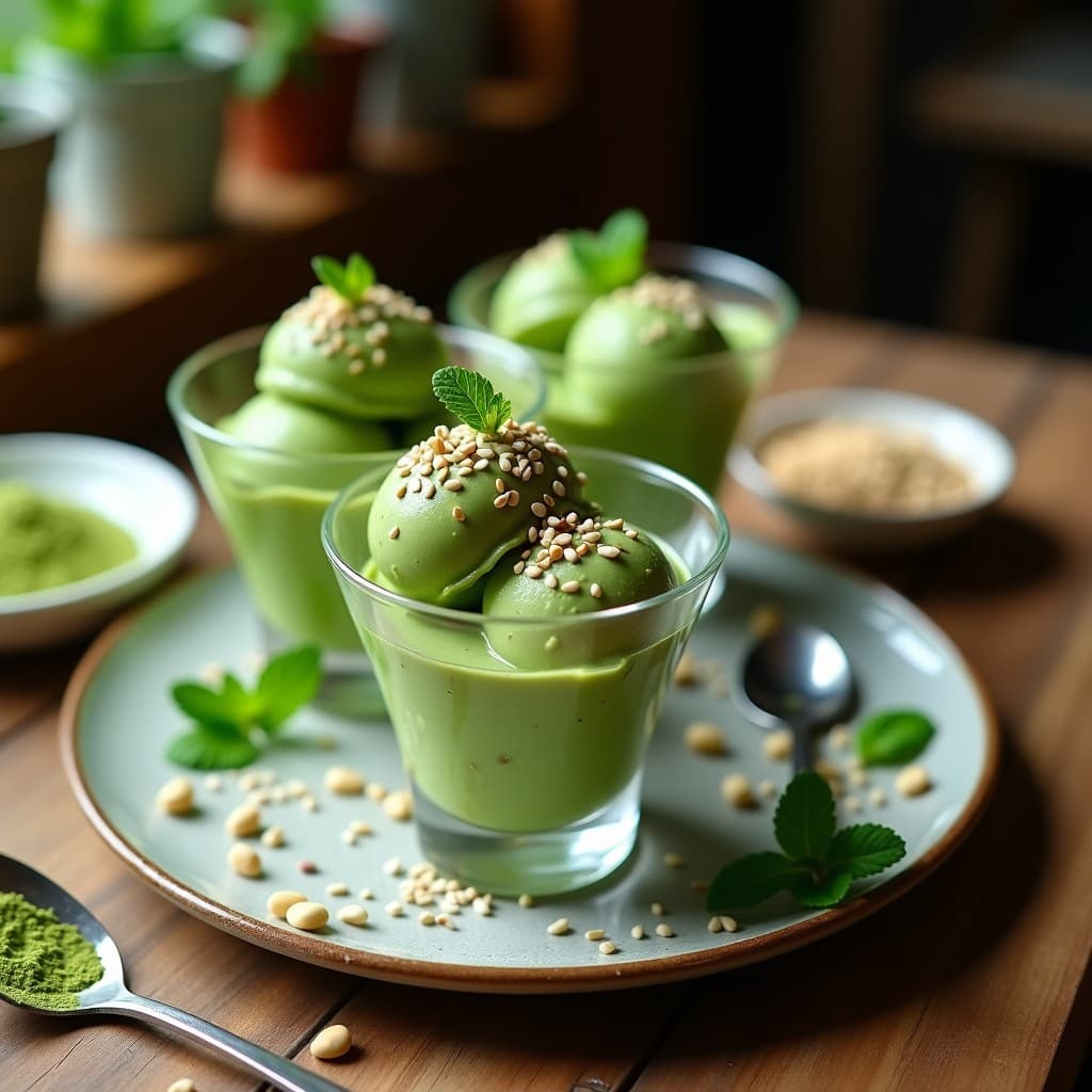 Helado de Té Verde y Sésamo Negro con Topping de Cacahuetes: Postre Vegano y Antioxidante