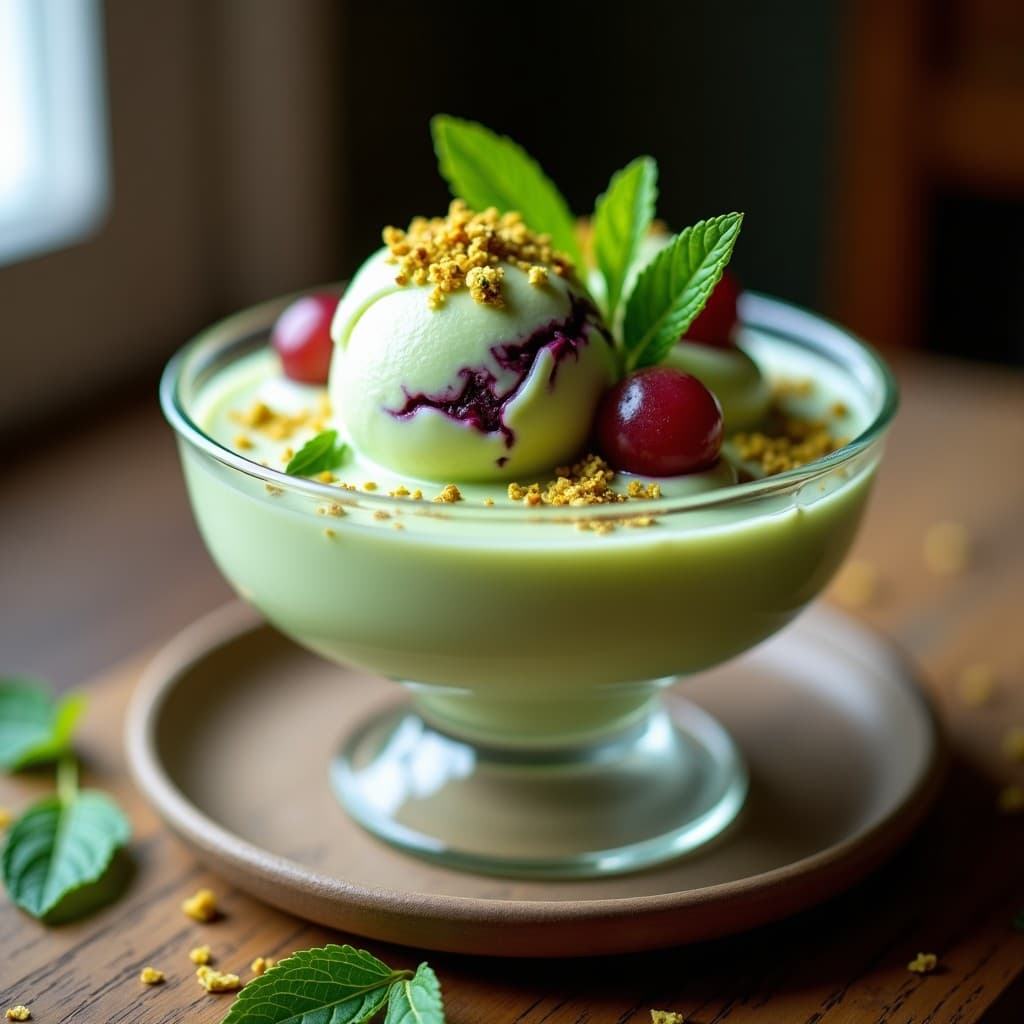Helado de Té Verde y Uvas Moscatel: Postre sano sin azúcar con topping de pistacho