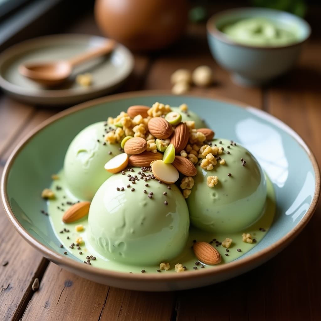 Helado de Té Verde y Vainilla con Topping de Frutos Secos: Postre Keto Sin Azúcar